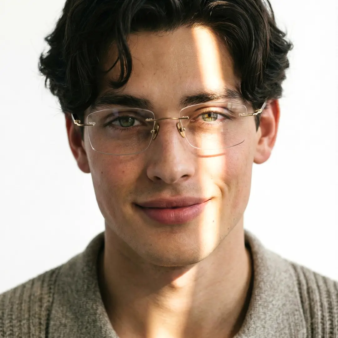 Front view of male wearing gold rectangle eyeglasses, looking straight ahead, natural smile, EM0402508