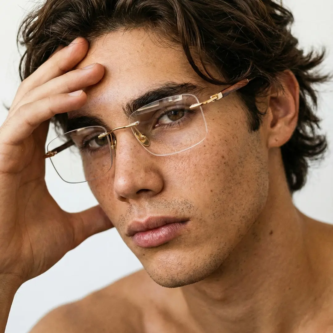 Three-quarter view of male wearing gold rectangle eyeglasses, looking straight ahead, neutral expression, EM0402508