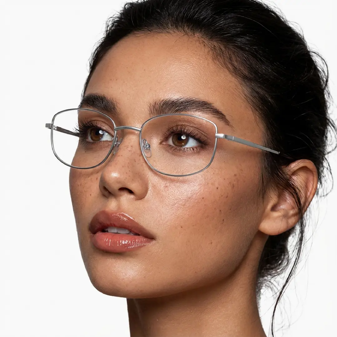 Close-up view of female wearing silver rectangle eyeglasses, neutral expression, EM0422509