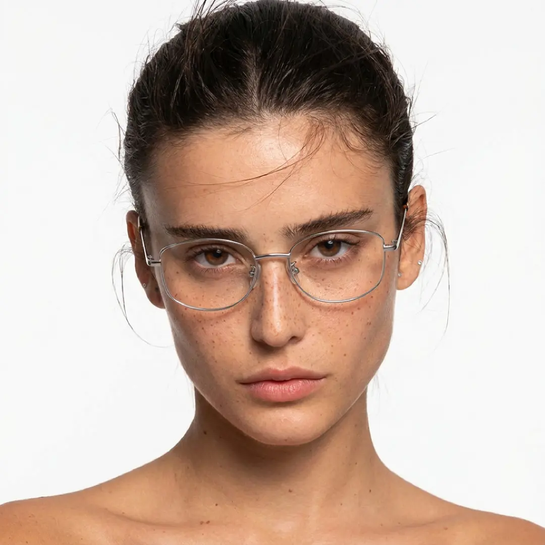 Front view of female wearing silver rectangle eyeglasses, natural expression, EM0422509