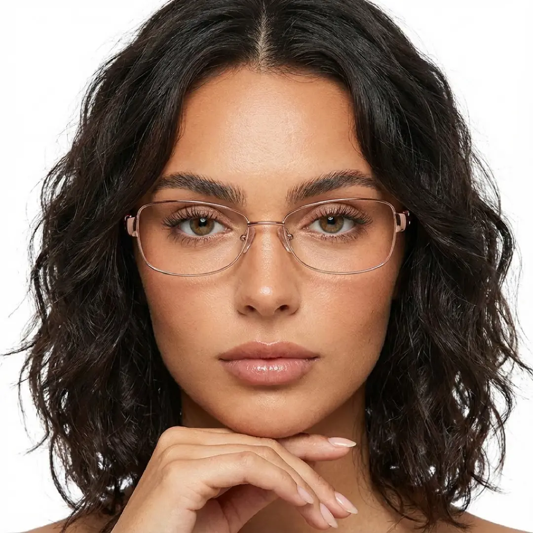 Front view of female wearing brown rectangle eyeglasses, hand touching chin, neutral expression, EM0482509