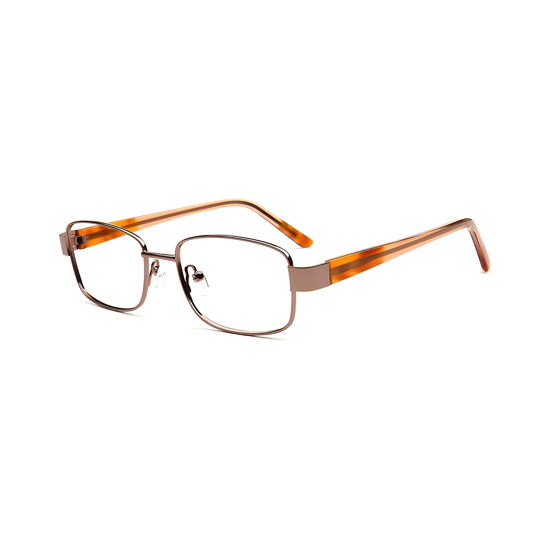 Angle view of Eirlys office siren rectangle metal eyeglasses EM0532509 in brown