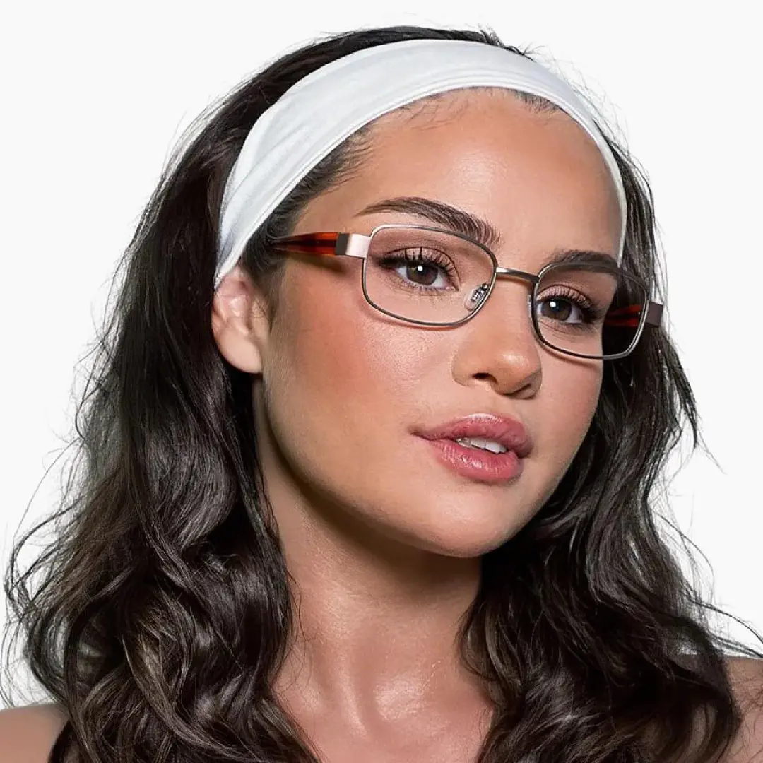 Profile view of female wearing office siren brown rectangle eyeglasses, neutral expression, EM0532509