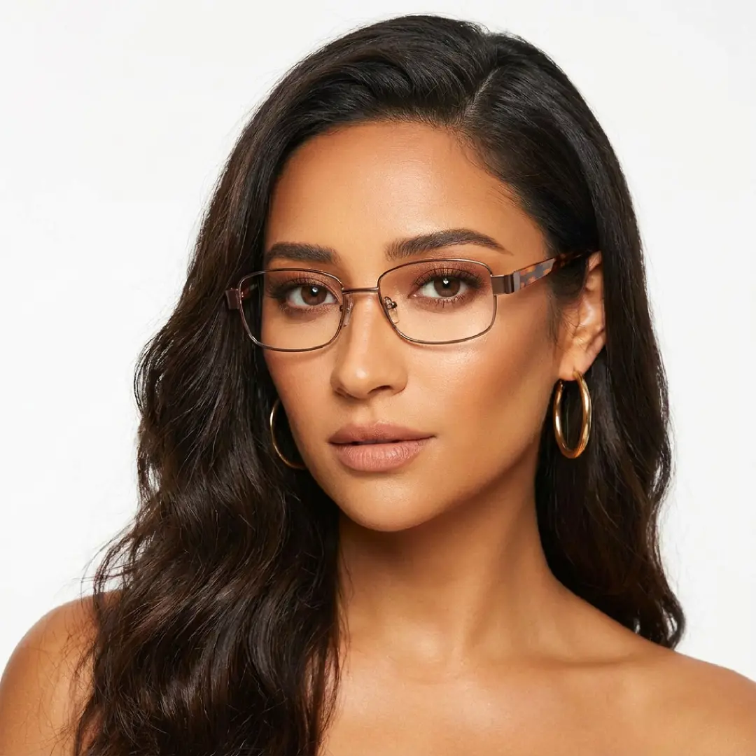 Three-quarter view of female wearing office siren brown rectangle eyeglasses, natural expression, EM0532509