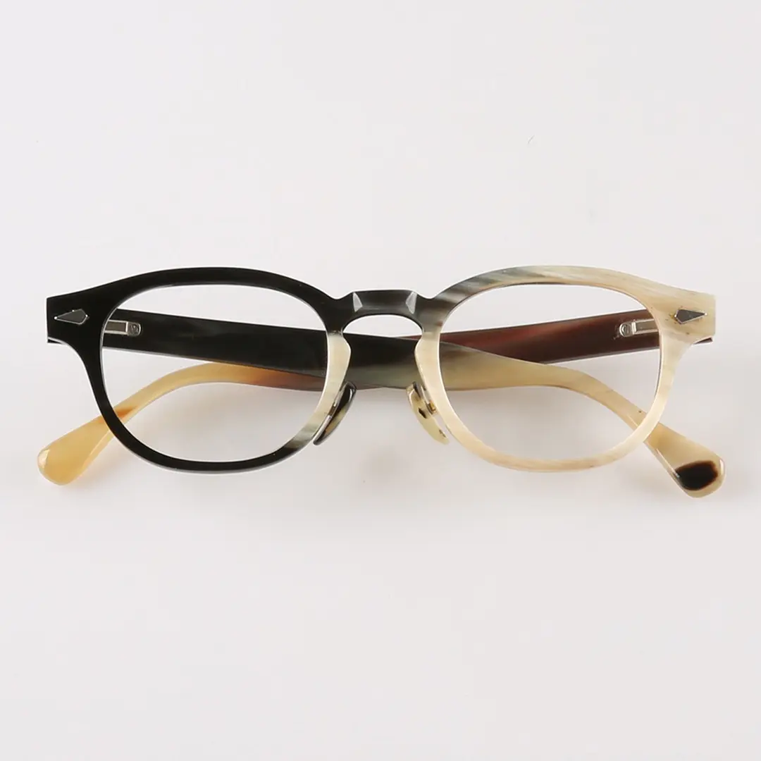 Front folded view of Basalt rectangle natural ox horn handcrafted eyeglasses EO0252511 in two-tone
