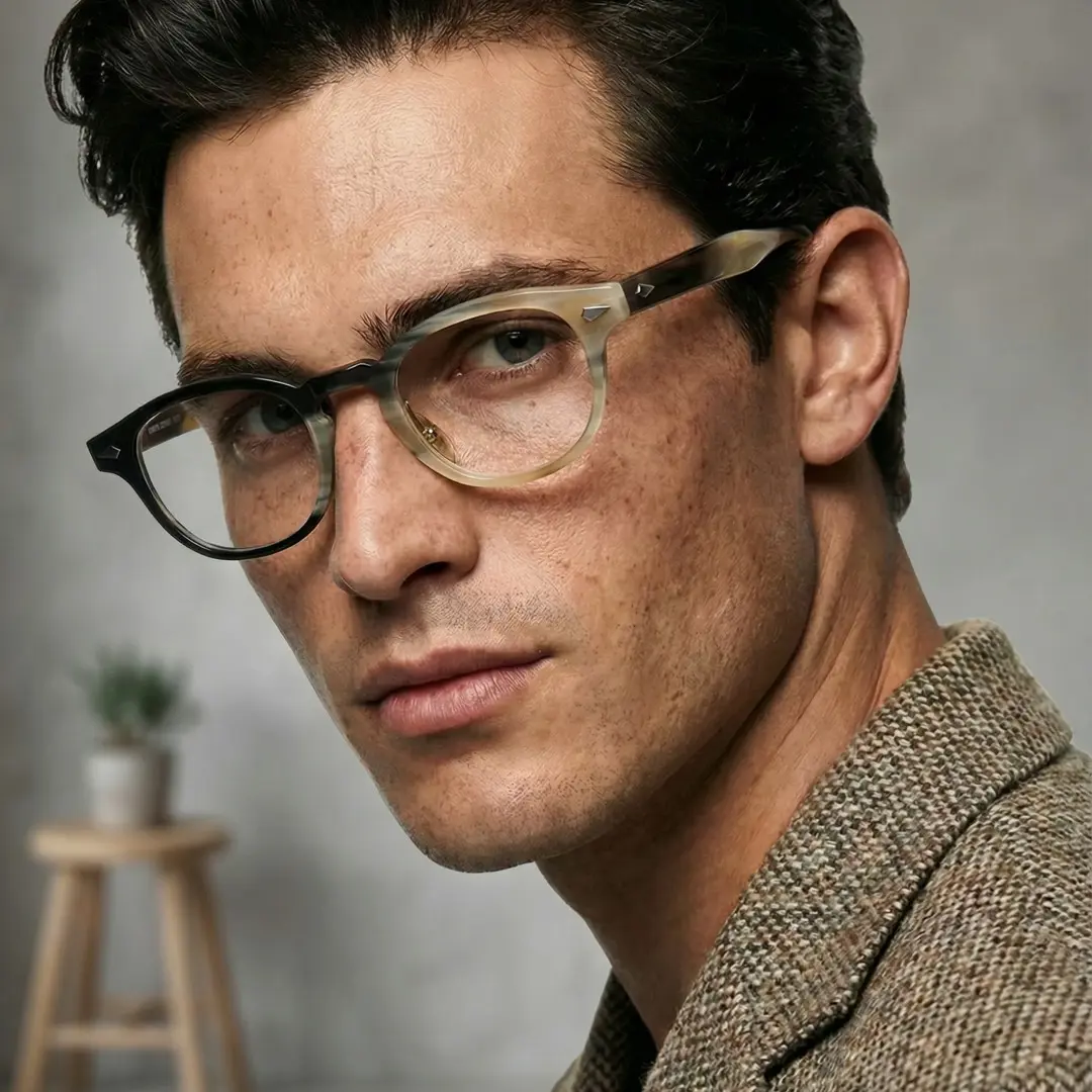 Over-the-shoulder view of male wearing two tone rectangle eyeglasses, neutral expression, EO0252511