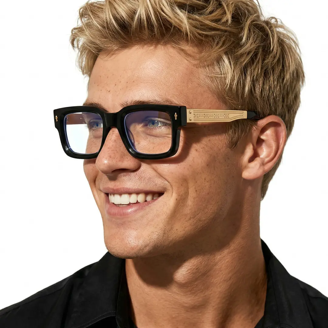 Profile view of male wearing gold rectangle eyeglasses, natural smile, EP0202603