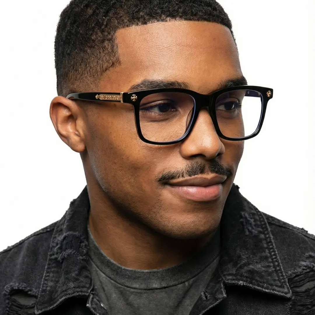 Three-quarter view of male wearing black rectangle eyeglasses, natural smile, EP0212508