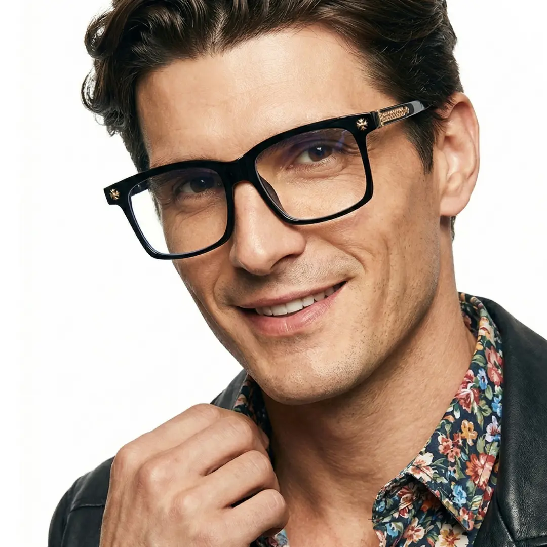 Male wearing fashion black rectangle pc eyeglasses, smiling. SPU: EP0212508