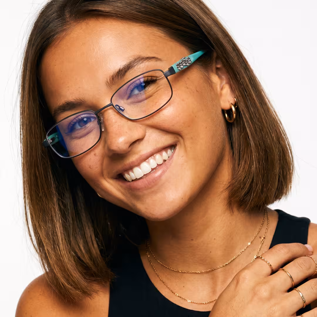 Female wearing blue rectangle pc eyeglasses, smiling. SPU: EP0222605