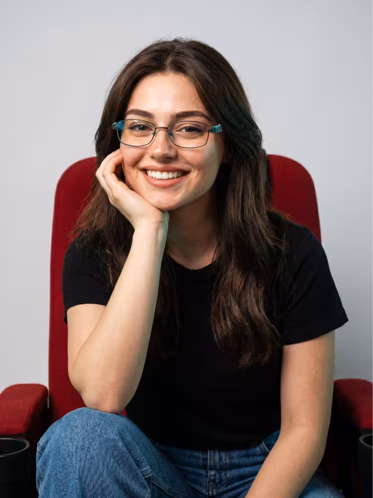 Female model wearing casual blue rectangle pc eyeglasses in indoor studio setting. SPU: EP0222605