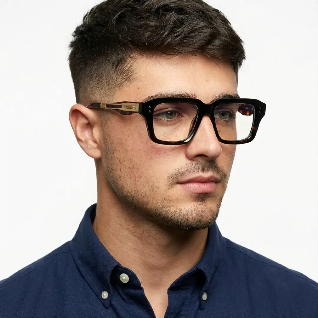 Profile view of male wearing fashion black rectangle eyeglasses, thoughtful expression, EP0282508