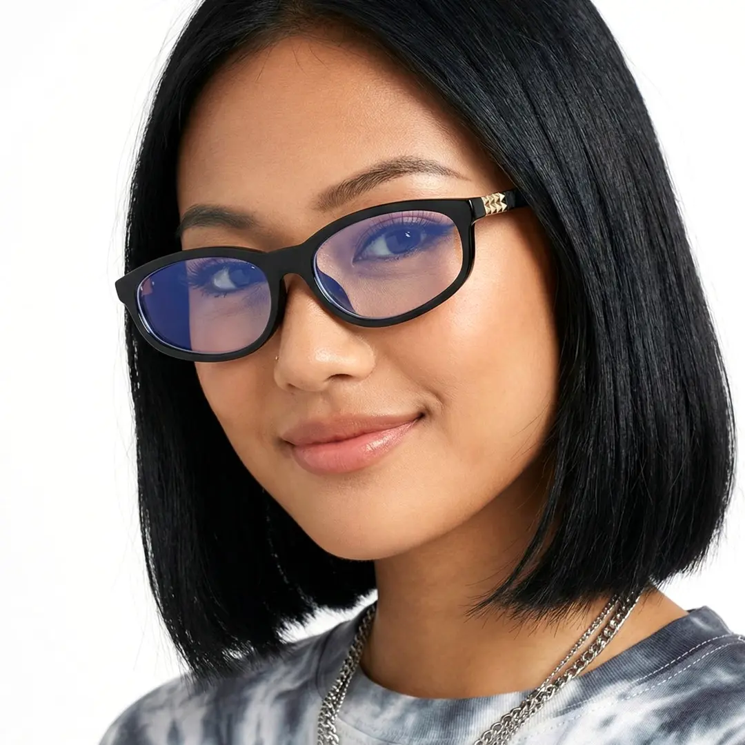 Face close-up view of female wearing black rectangle eyeglasses, natural smile, EP0312512