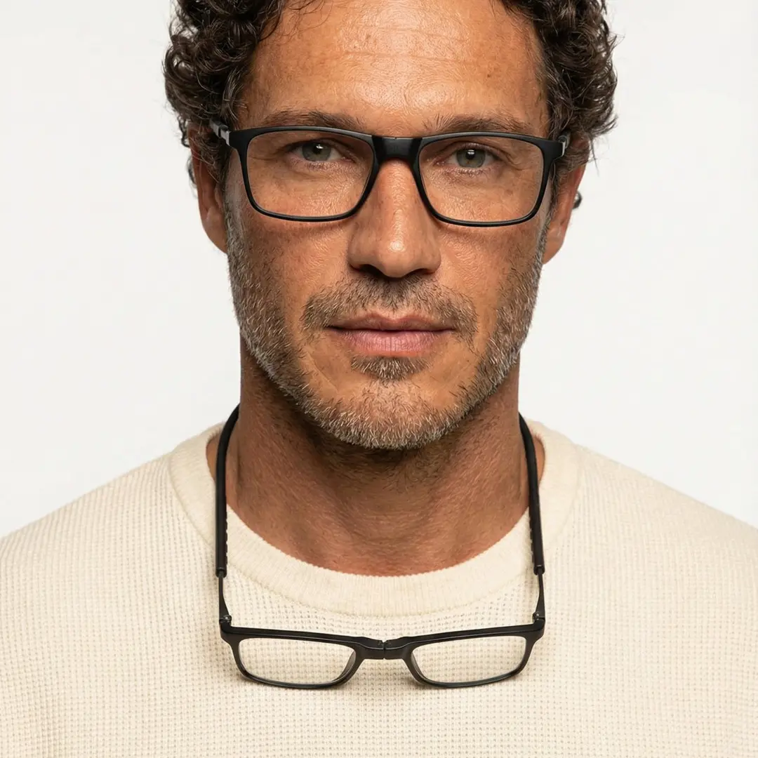 Front view of male wearing black rectangle magnetic clip-on eyeglasses, neutral expression, EP0322505
