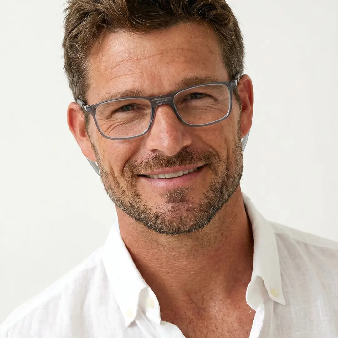 Front view of male wearing grey rectangle magnetic clip-on eyeglasses, natural smile, EP0322505