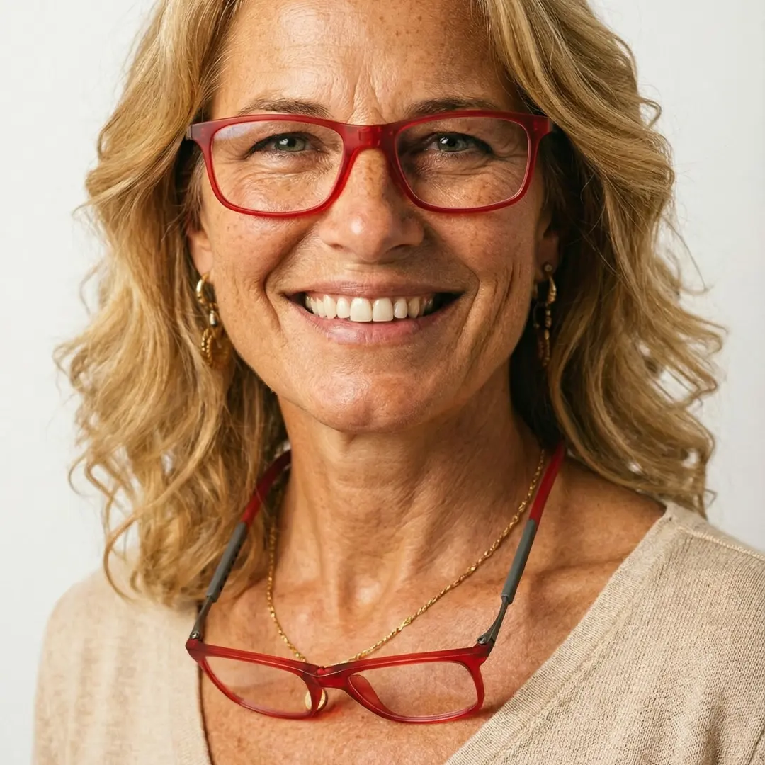 Front view of female wearing red rectangle magnetic clip-on eyeglasses, smiling, EP0322505