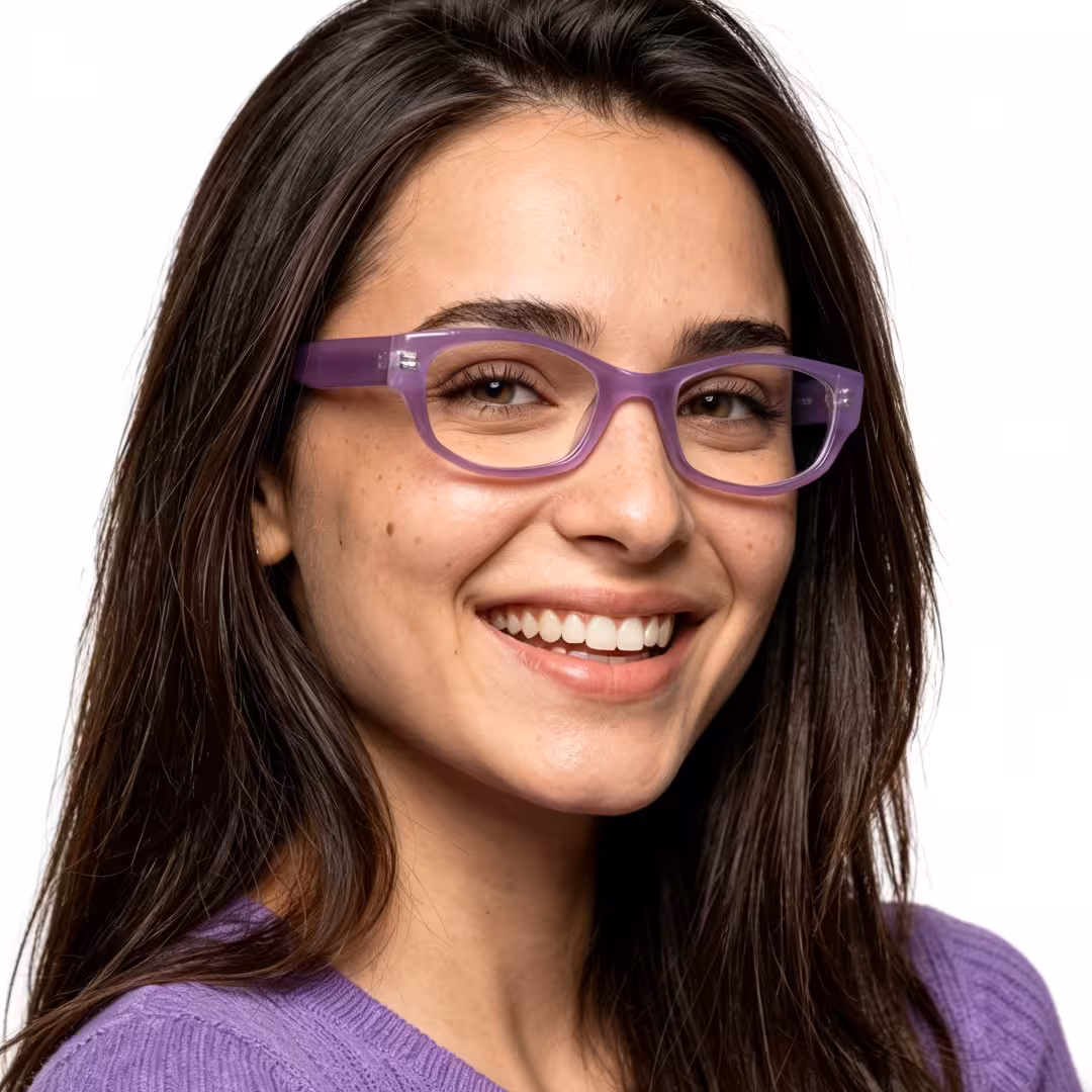 Three-quarter view of female wearing purple rectangle eyeglasses, smiling, EP0342604