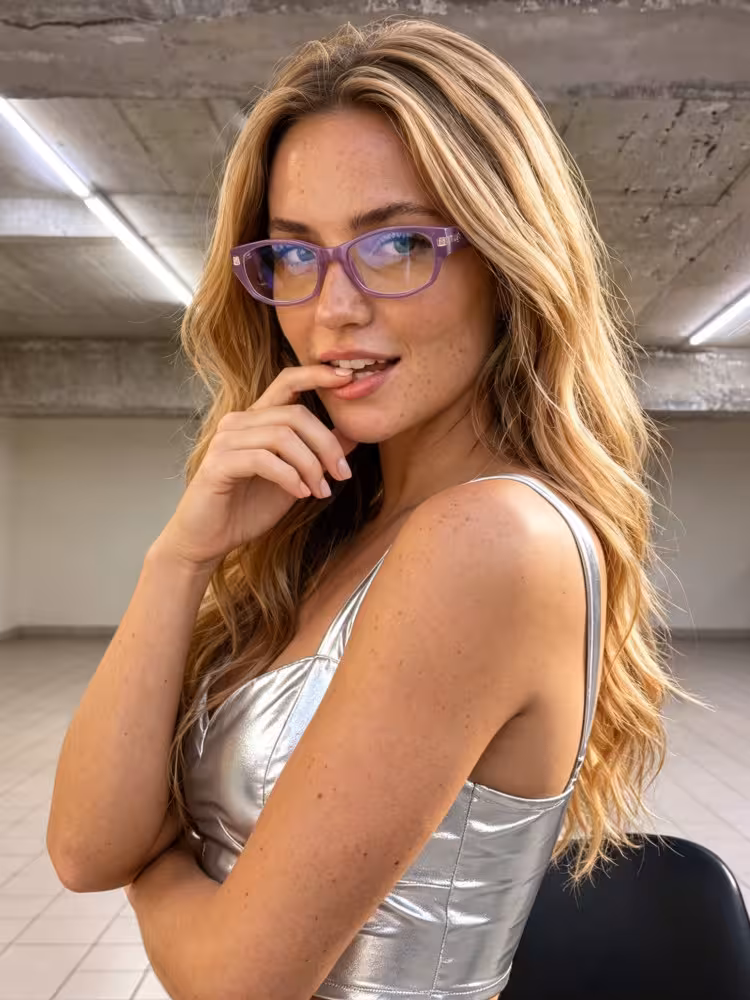 Female model wearing everyday purple rectangle pc eyeglasses in a modern concrete interior. SPU: EP0342604