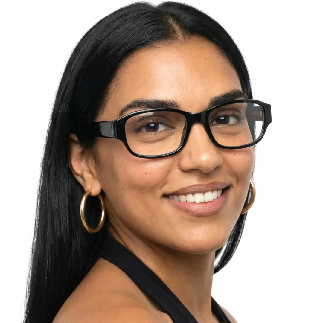 Looking straight ahead view of female wearing office siren black rectangle eyeglasses, smiling, EP0372512