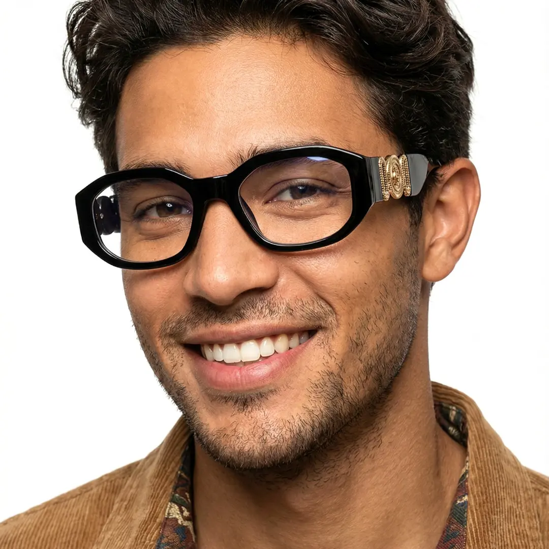 Front view of male wearing y2k black rectangle eyeglasses, smiling, EP0402512