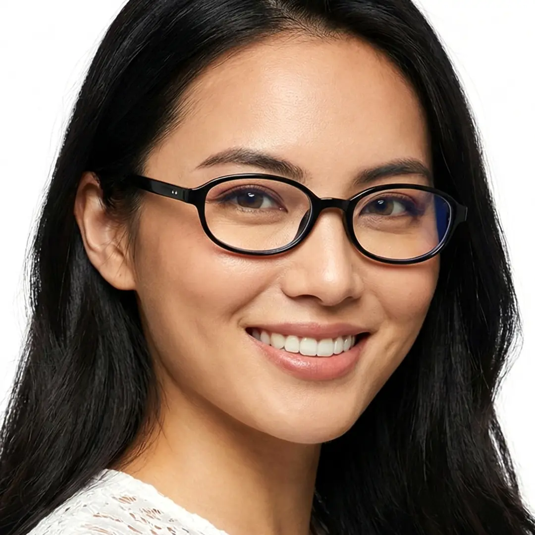 Front view of female wearing black rectangle eyeglasses, smiling, EP0412512