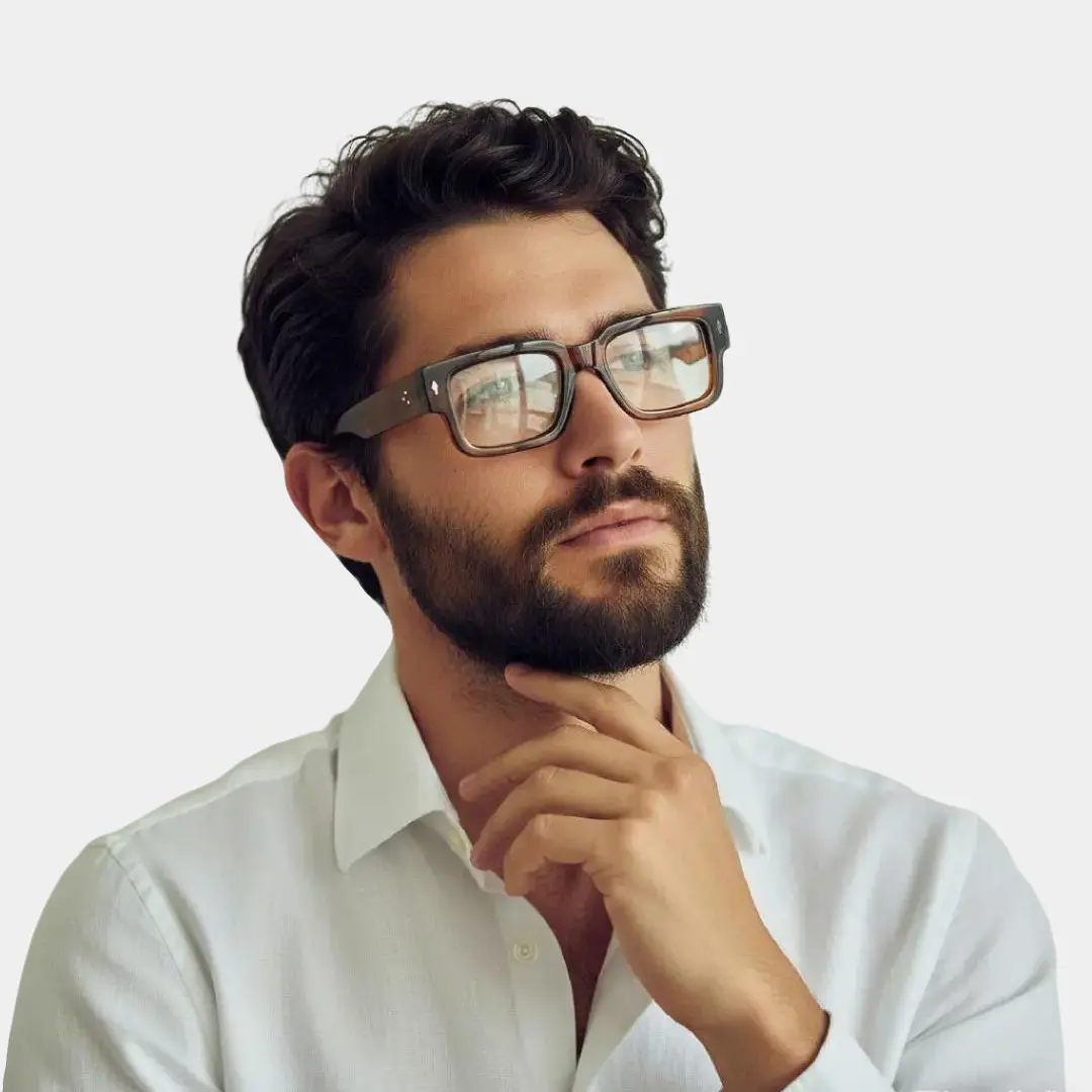 Looking away view of male wearing fashion brown rectangle eyeglasses, neutral expression, EP0542509