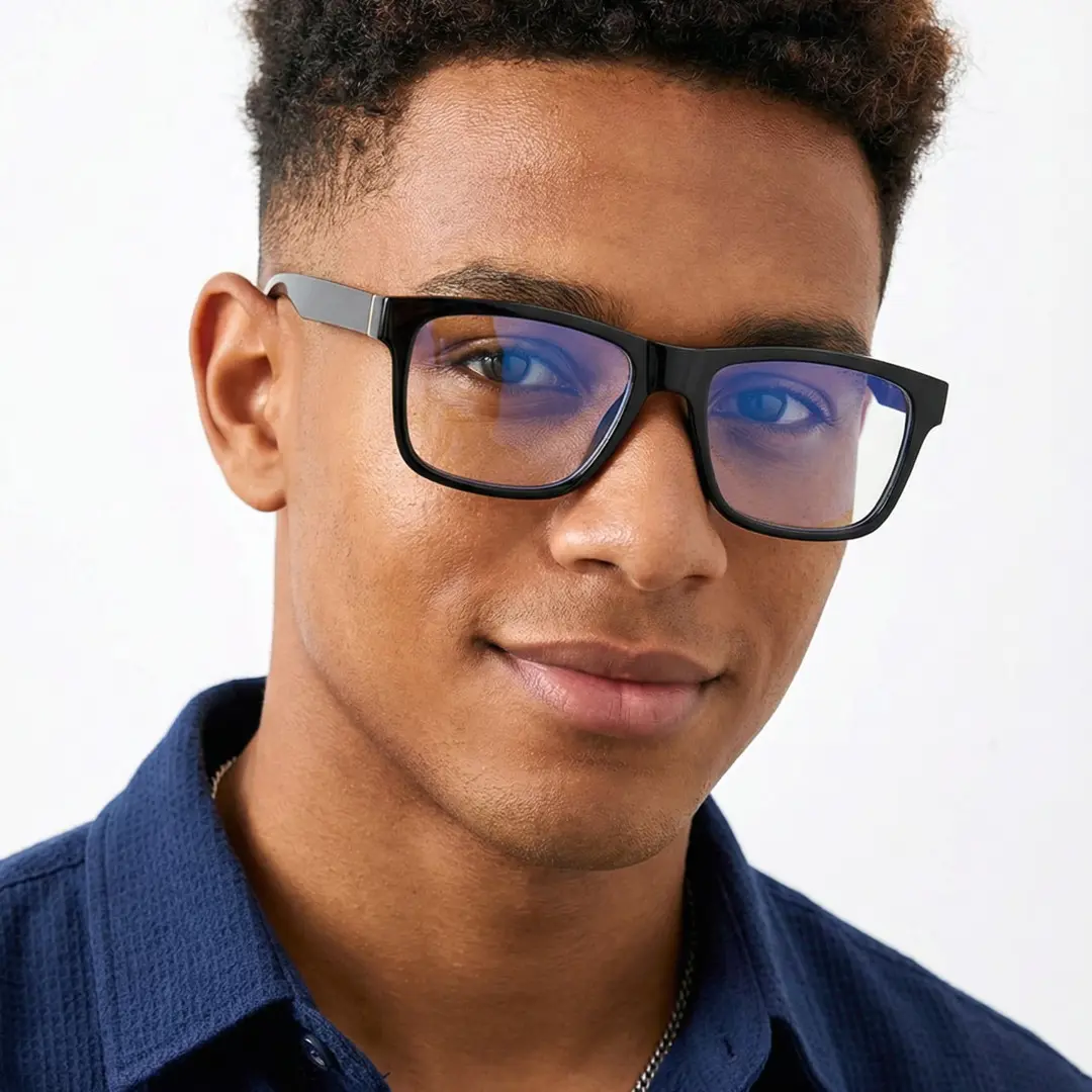 Three-quarter view of male wearing black rectangle eyeglasses, smiling, ER0012512