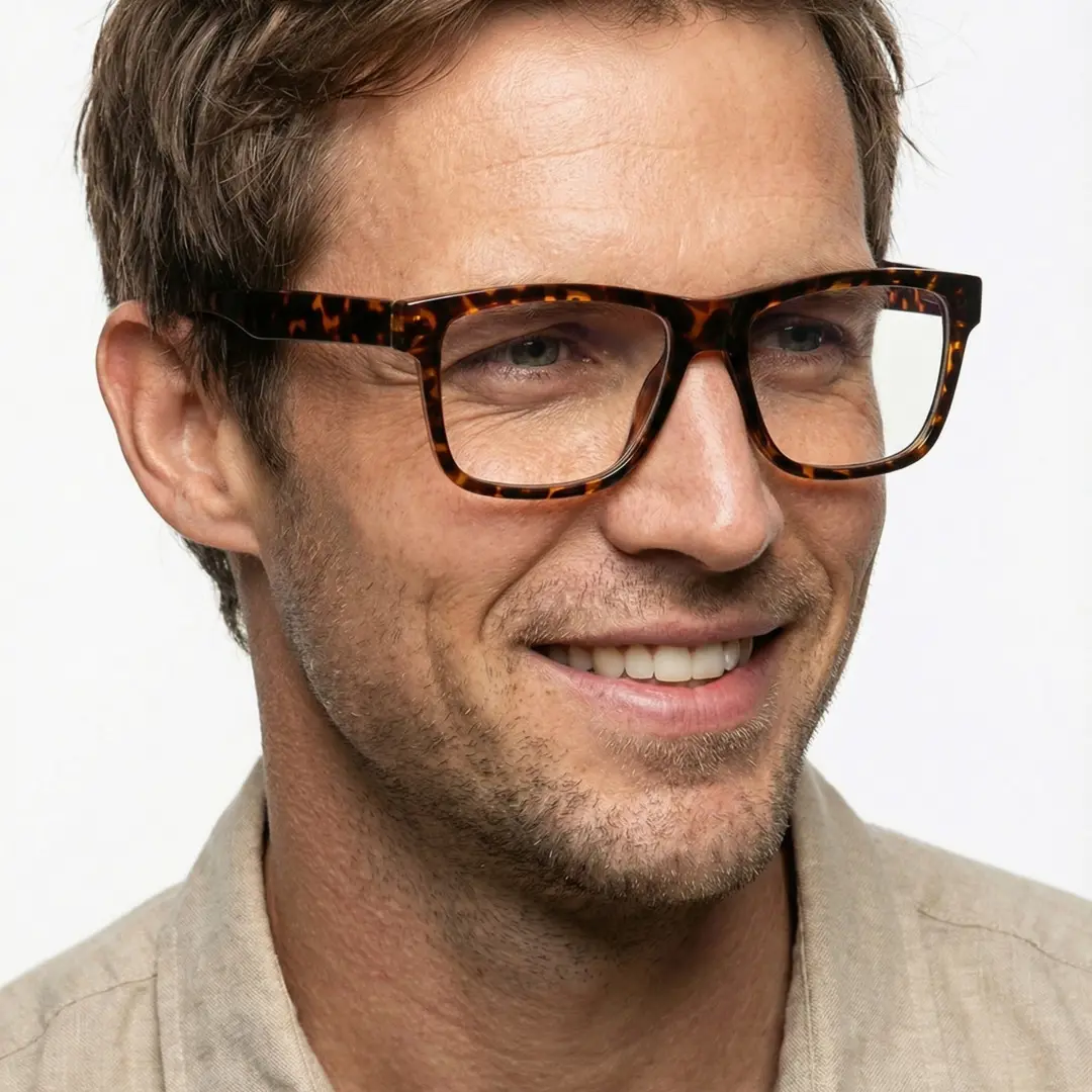 Looking away view of male wearing tortoise rectangle eyeglasses, smiling, ER0012512