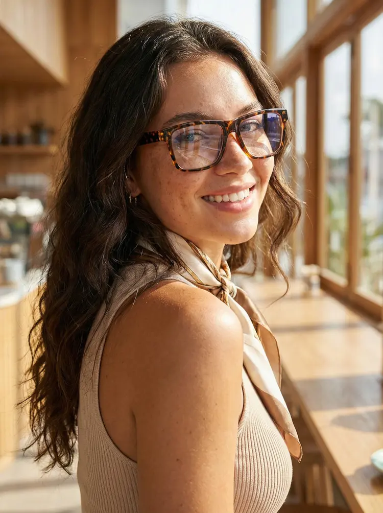 Female model wearing everyday black rectangle tr90 handcrafted polarized eyeglasses smiling by a wooden counter in a bright cafe with large windows. SPU: ER0012512