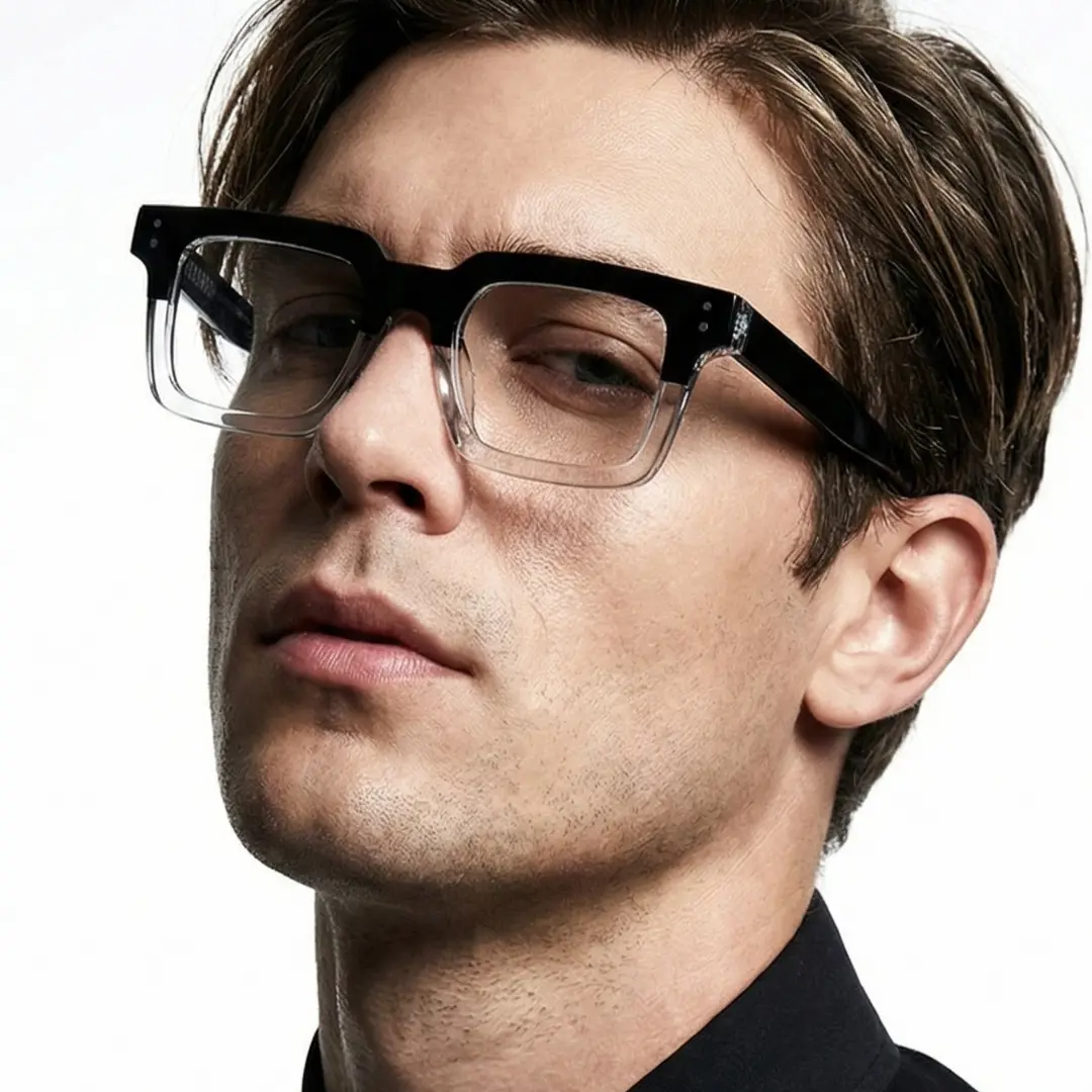 Profile view of male wearing blackclear rectangle eyeglasses, neutral expression, ER0022406