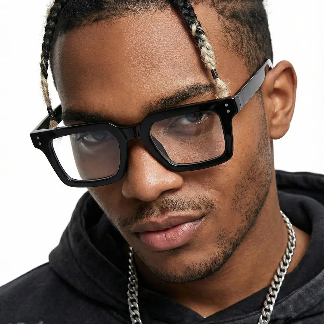 Three-quarter view of male wearing nerd black rectangle eyeglasses, neutral expression, ER0022406