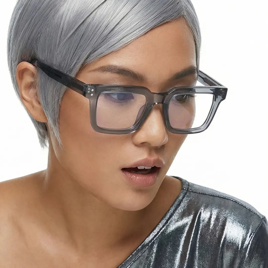 Profile view of female wearing blue rectangle eyeglasses, neutral expression, ER0022406