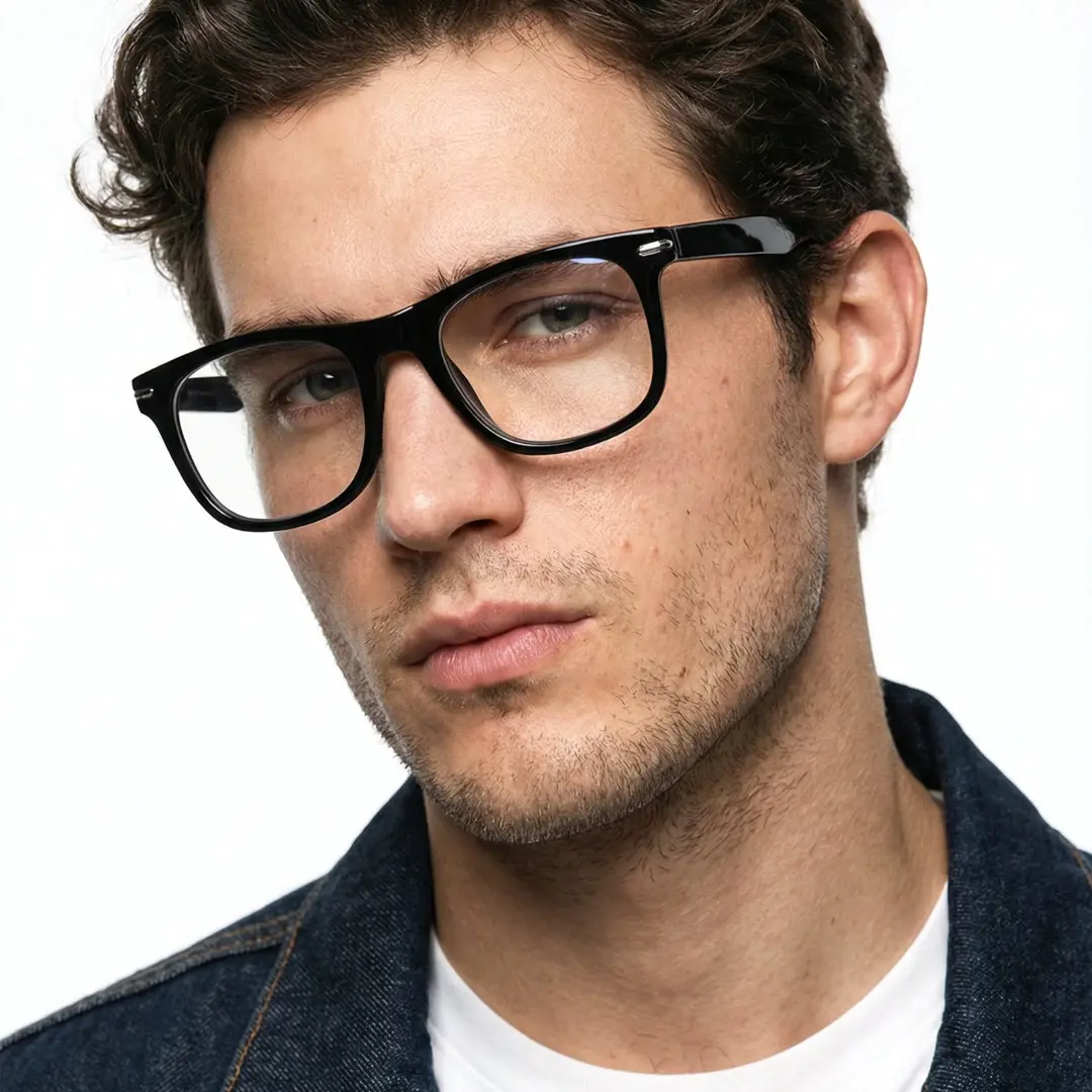 Tilted head view of male wearing black rectangle eyeglasses, neutral expression, ER0042510