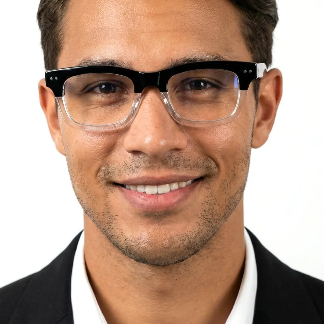Front view of male wearing two-tone rectangle eyeglasses, smiling, ER0062404