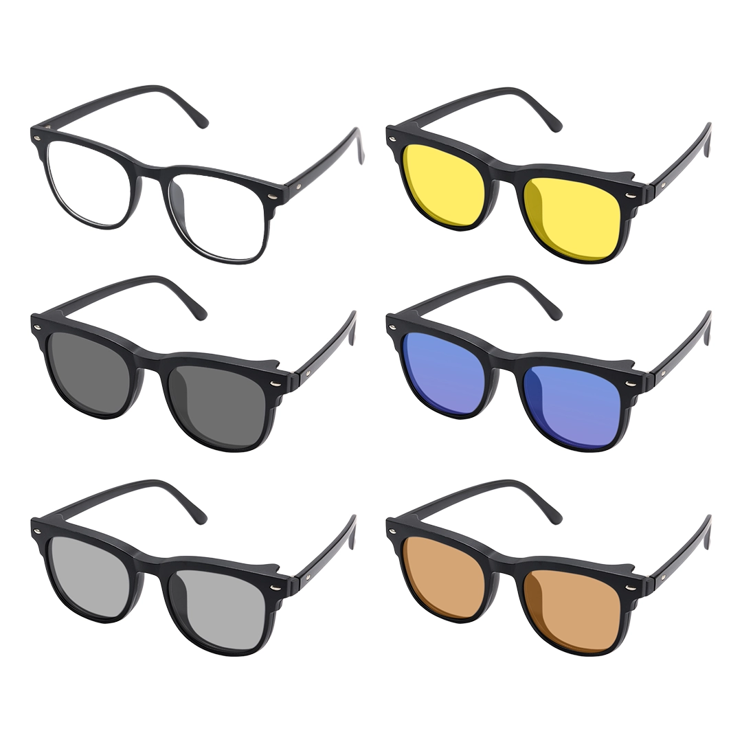 Exploded view of Keaton rectangle TR90 magnetic clip-on eyeglasses with interchangeable clip-on lenses ER0062512 in black