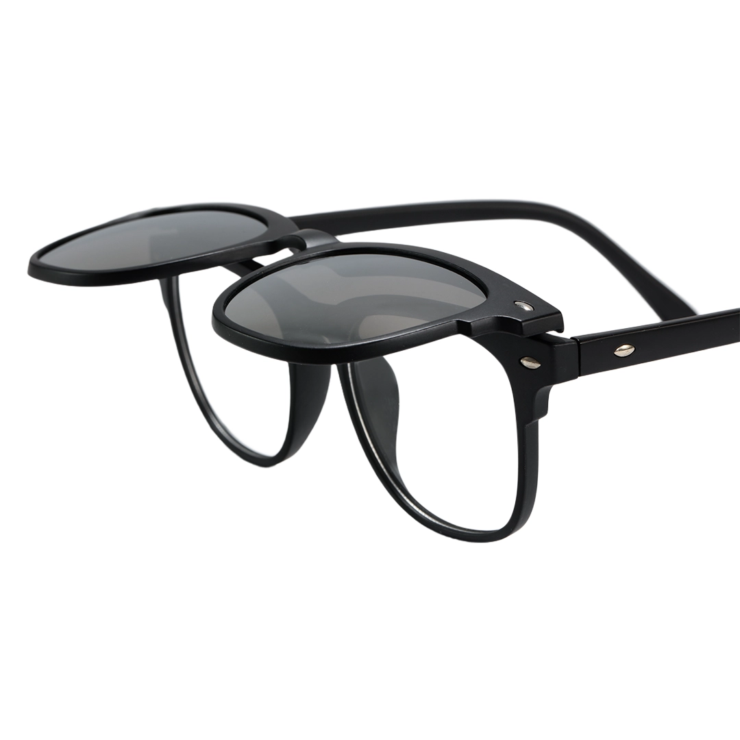 Detail view of Keaton rectangle TR90 magnetic clip-on eyeglasses with flip-up clip-on lenses ER0062512 in black
