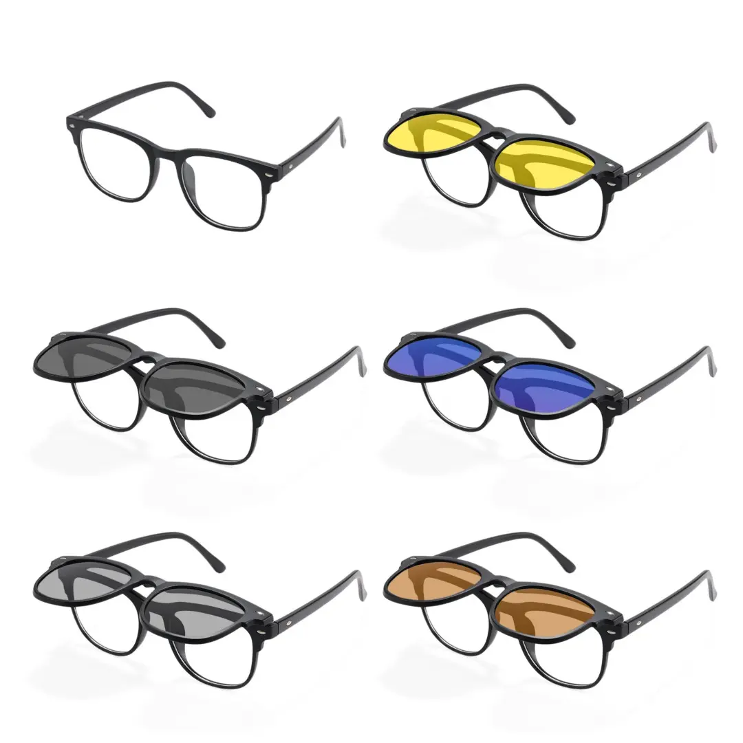 Full set view of Keaton rectangle TR90 magnetic clip-on eyeglasses with flip-up clip-on lenses ER0062512 in black
