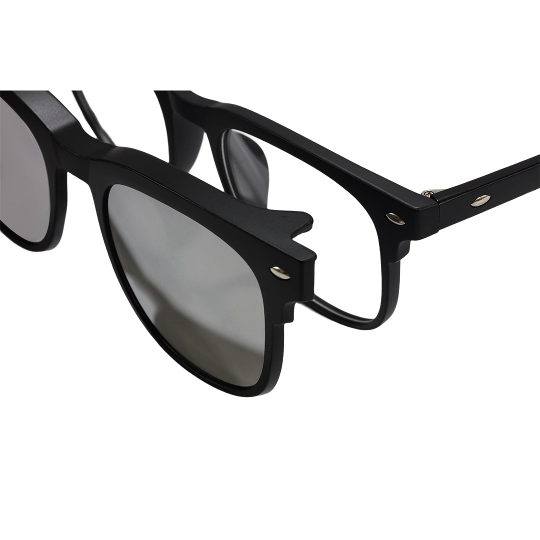 End piece detail of Keaton rectangle tr90 magnetic clip-on eyeglasses set with interchangeable clip-on lenses ER0062512 in black