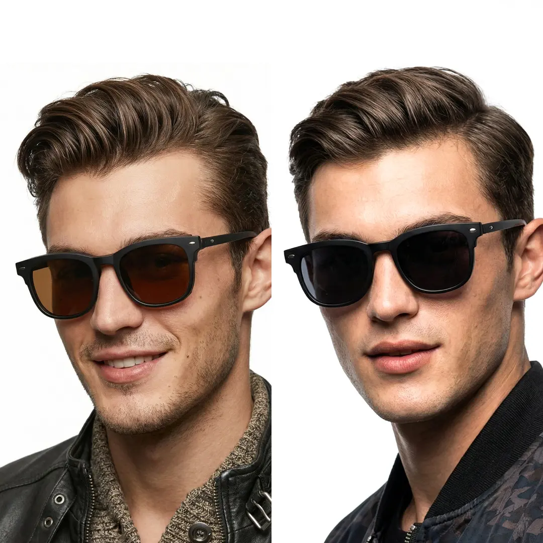 Slightly angled view of two people wearing black rectangle magnetic clip-on eyeglasses set with interchangeable clip-on lenses, neutral expression, ER0062512