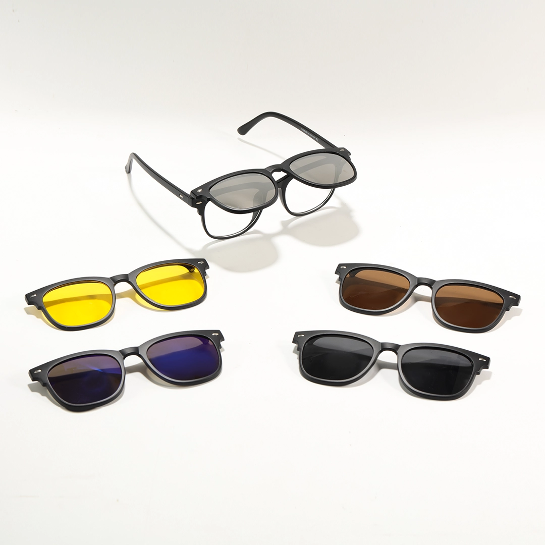 Scene close up view of Keaton rectangle tr90 magnetic clip-on eyeglasses set with interchangeable clip-on lenses ER0062512 in black