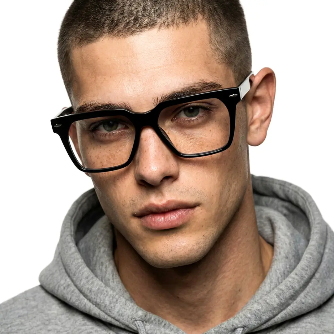 Front view of male wearing black rectangle eyeglasses, calm expression, ER0092508