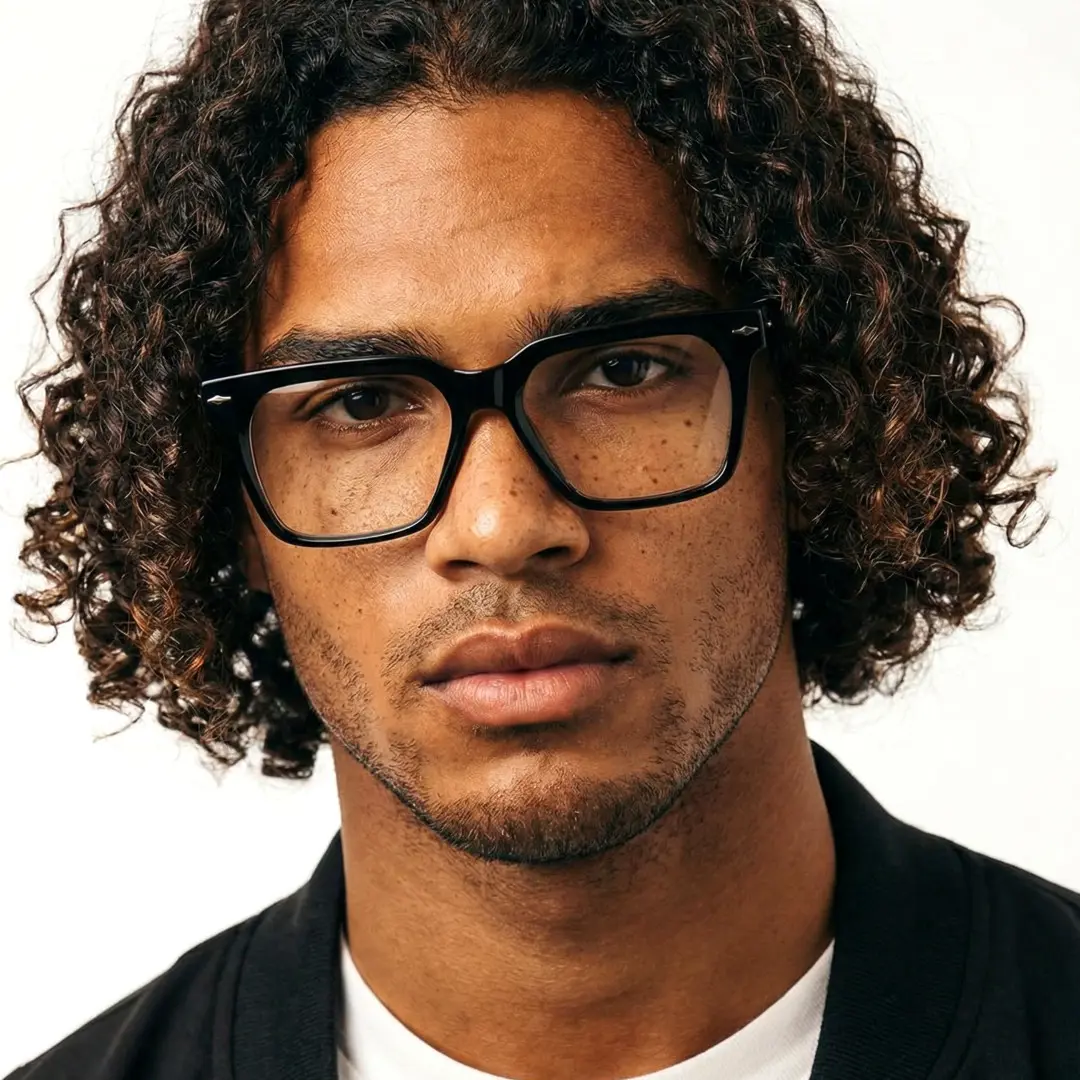 Straight-on view of male wearing black rectangle eyeglasses, neutral expression, ER0092508