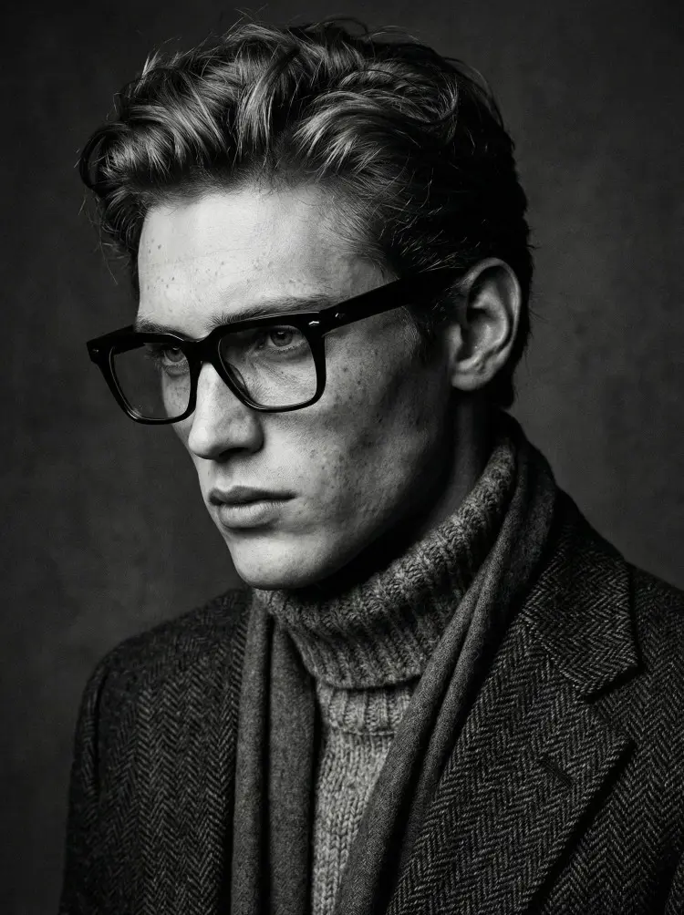 Male model wearing everyday black rectangle tr90 eyeglasses in a black and white studio portrait. SPU: ER0092508