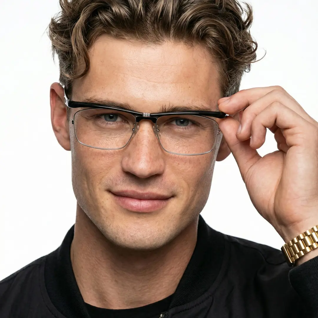 Front view of male wearing black rectangle eyeglasses, holding glasses, natural expression, ER0102603
