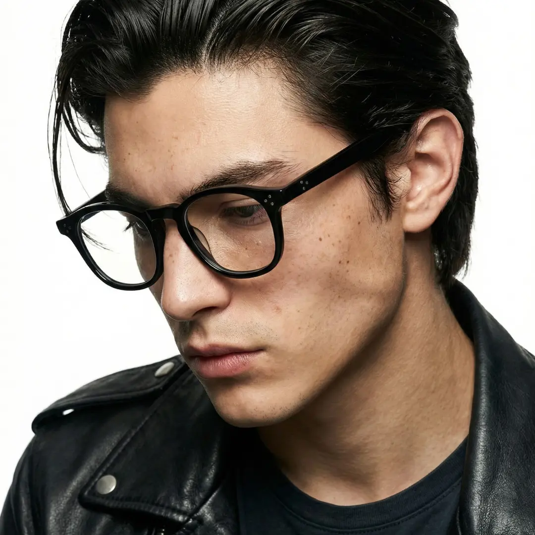 Looking away view of male wearing black rectangle eyeglasses, neutral expression, ER0112412