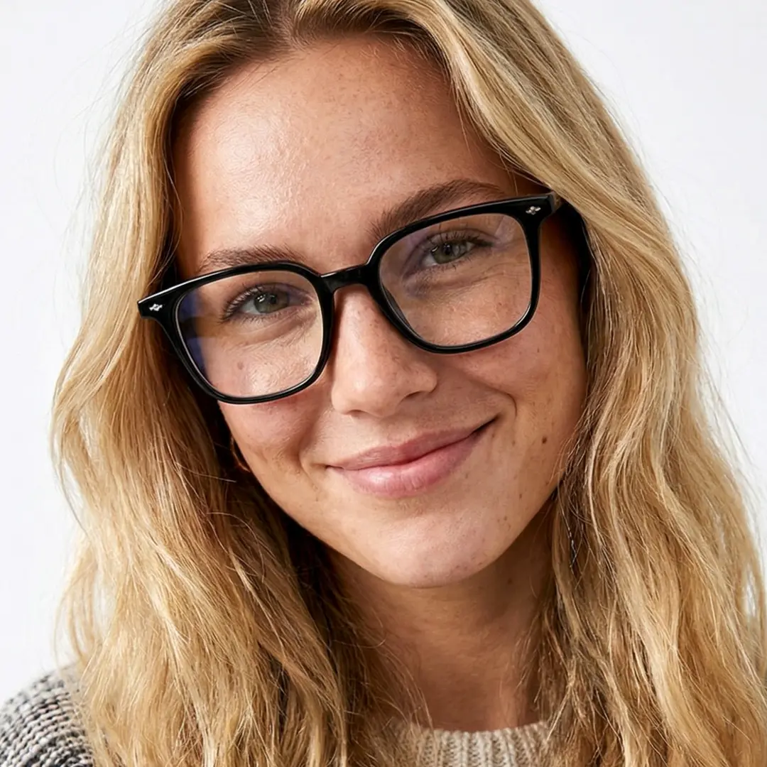 Front view of female wearing black rectangle eyeglasses, natural smile, ER0112508