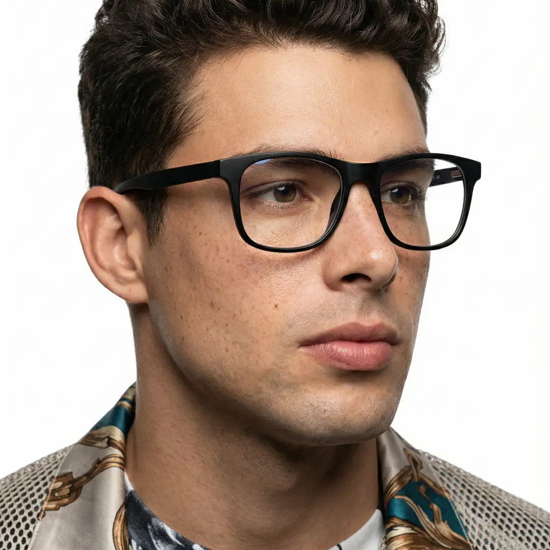 Looking away view of male wearing black rectangle eyeglasses, neutral expression, ER0122508