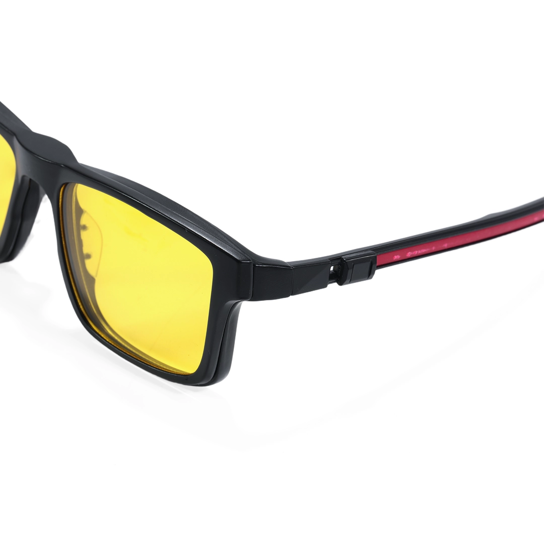 End piece detail of Monty rectangle tr90 magnetic clip-on eyeglasses set with interchangeable toppers ER0142508 in black