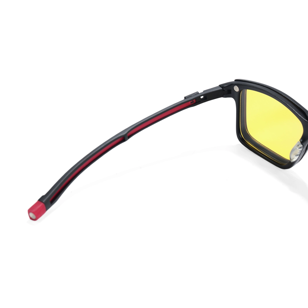 Hinge detail of Monty rectangle tr90 magnetic clip-on eyeglasses set with interchangeable toppers ER0142508 in black