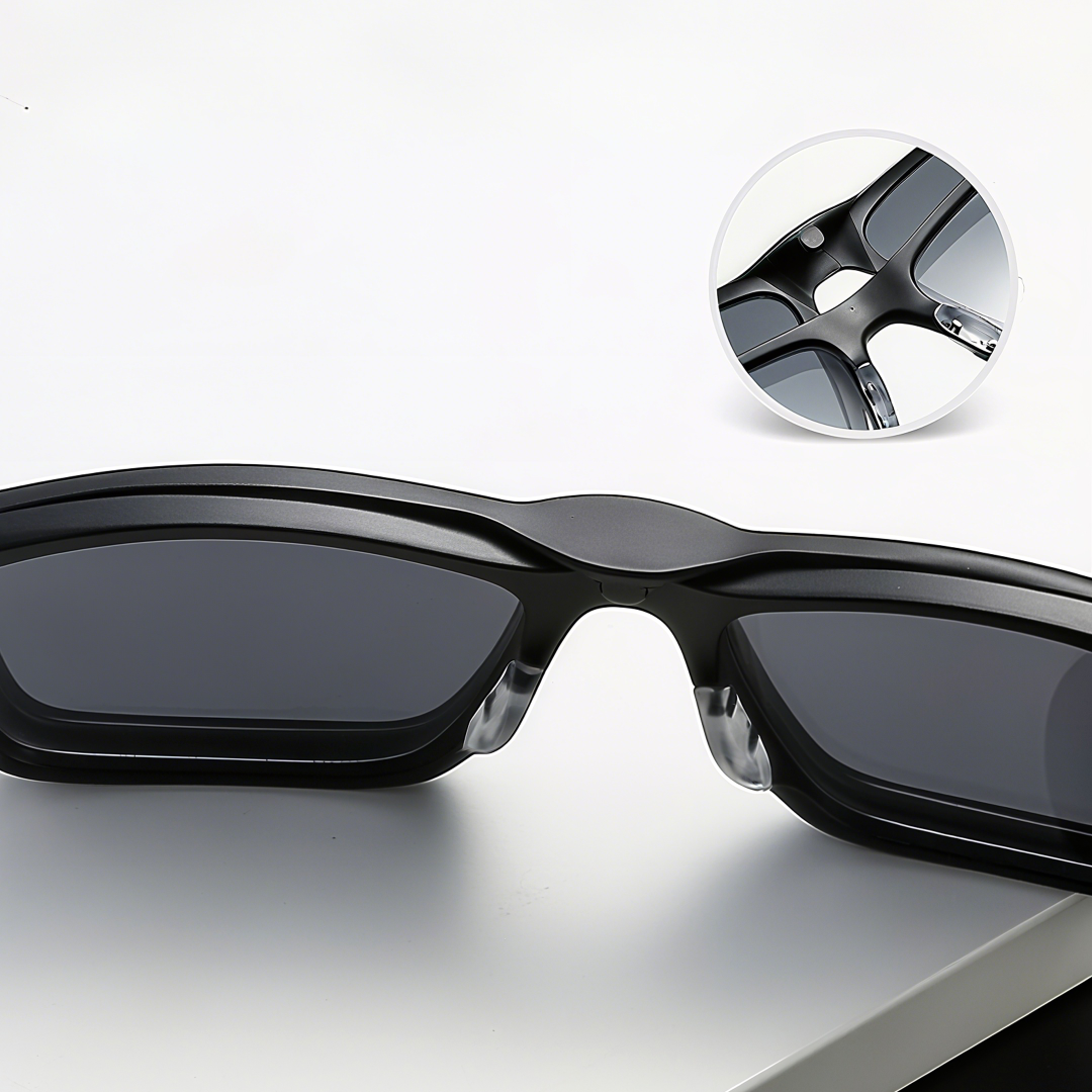 Integrated nose pad detail of Monty rectangle tr90 magnetic clip-on eyeglasses set with interchangeable toppers ER0142508 in black